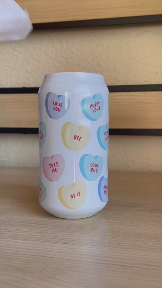 Conversation hearts covering a can tumbler